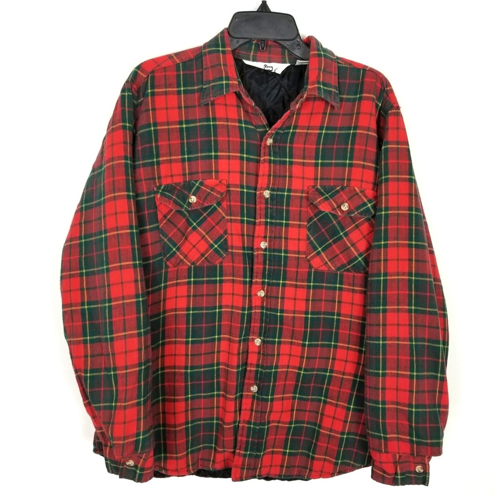 VTG Woolrich Men Shirt Jacket Padded Lining Sz L Red Plaid Button Down